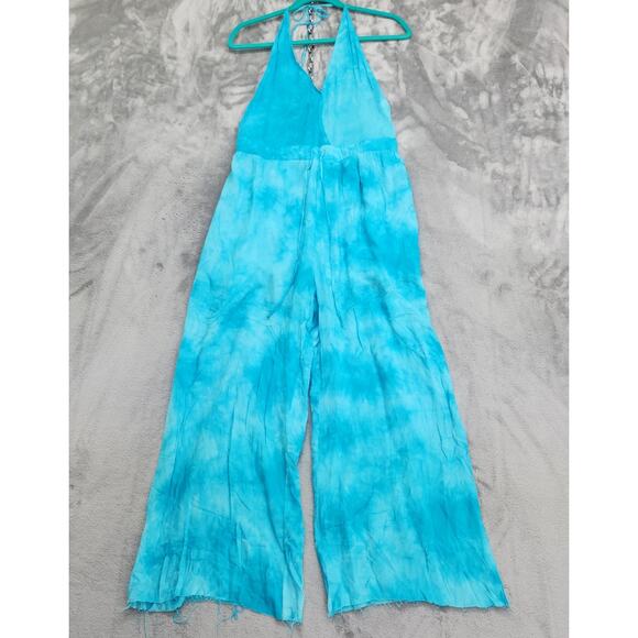 NEW FAVLUX Jumpsuit Womens L Blue Tie Dye Halter Backless Wide Leg Raw Hem Beach - Picture 1 of 10